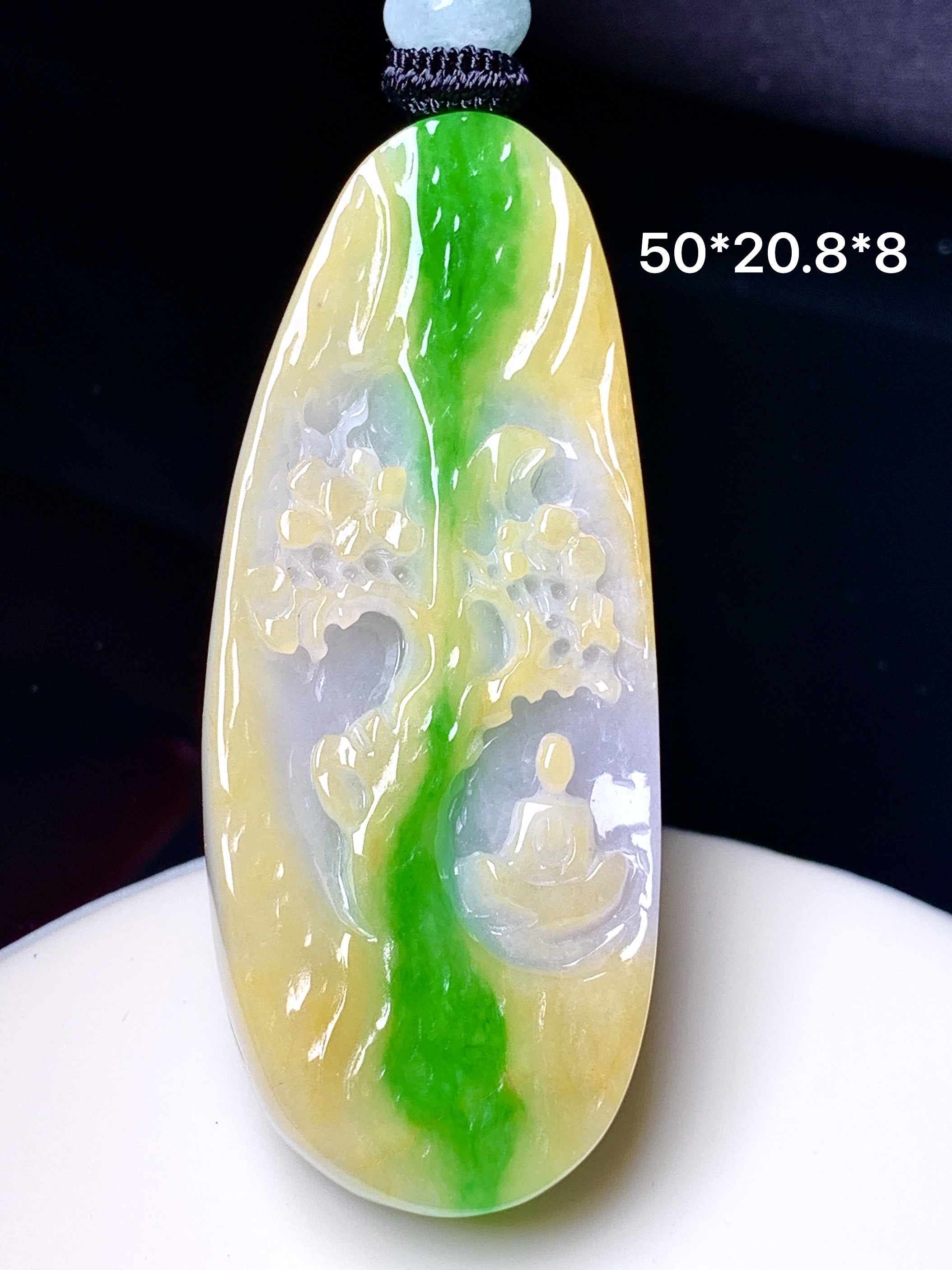 黄翡飘绿悟道吊坠 玉质细腻 色泽艳丽清新 水润亮眼 整体尺寸50*20.8*8 w1