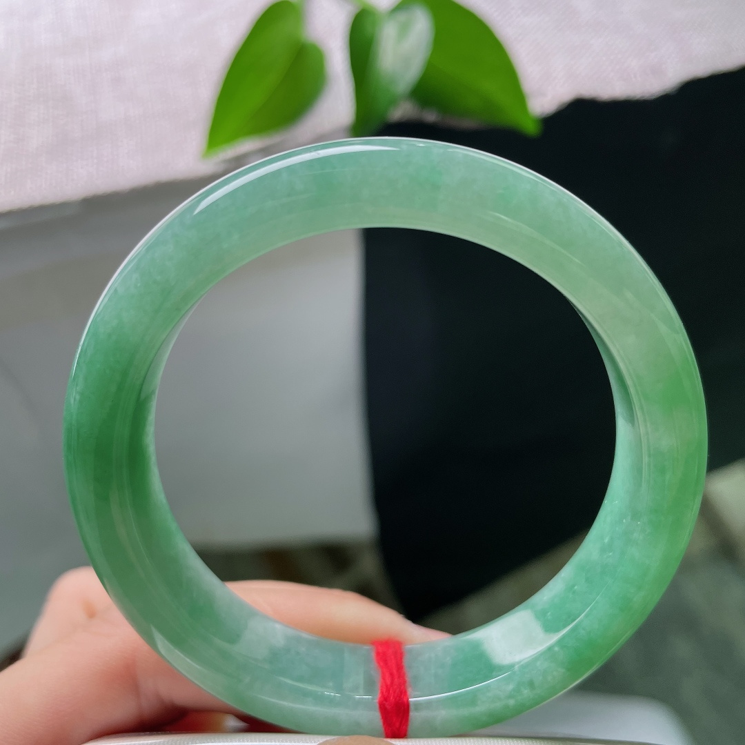 55.3/12.3/8.6，绿底正圈，无裂，通体匀净湖绿色调，冰润莹透玉质，绿意温婉绵长，腕间沉淀一池沉静山水。ss52372a