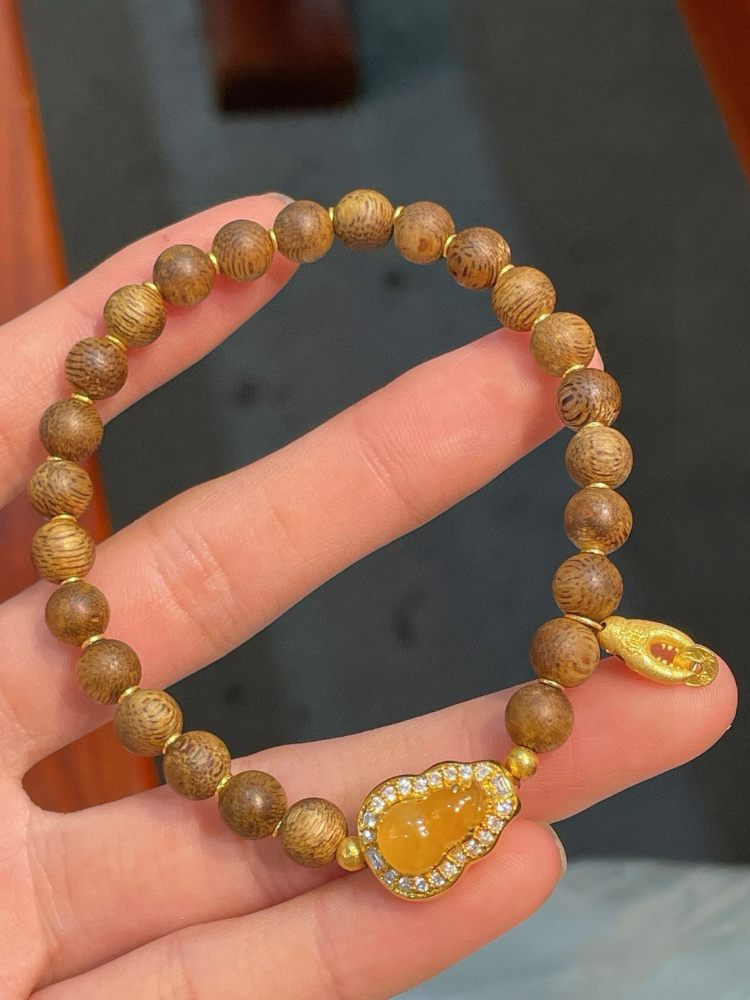 黄翡葫芦手链 18k金镶嵌 强烈推荐，10.5-6.3-3.2
