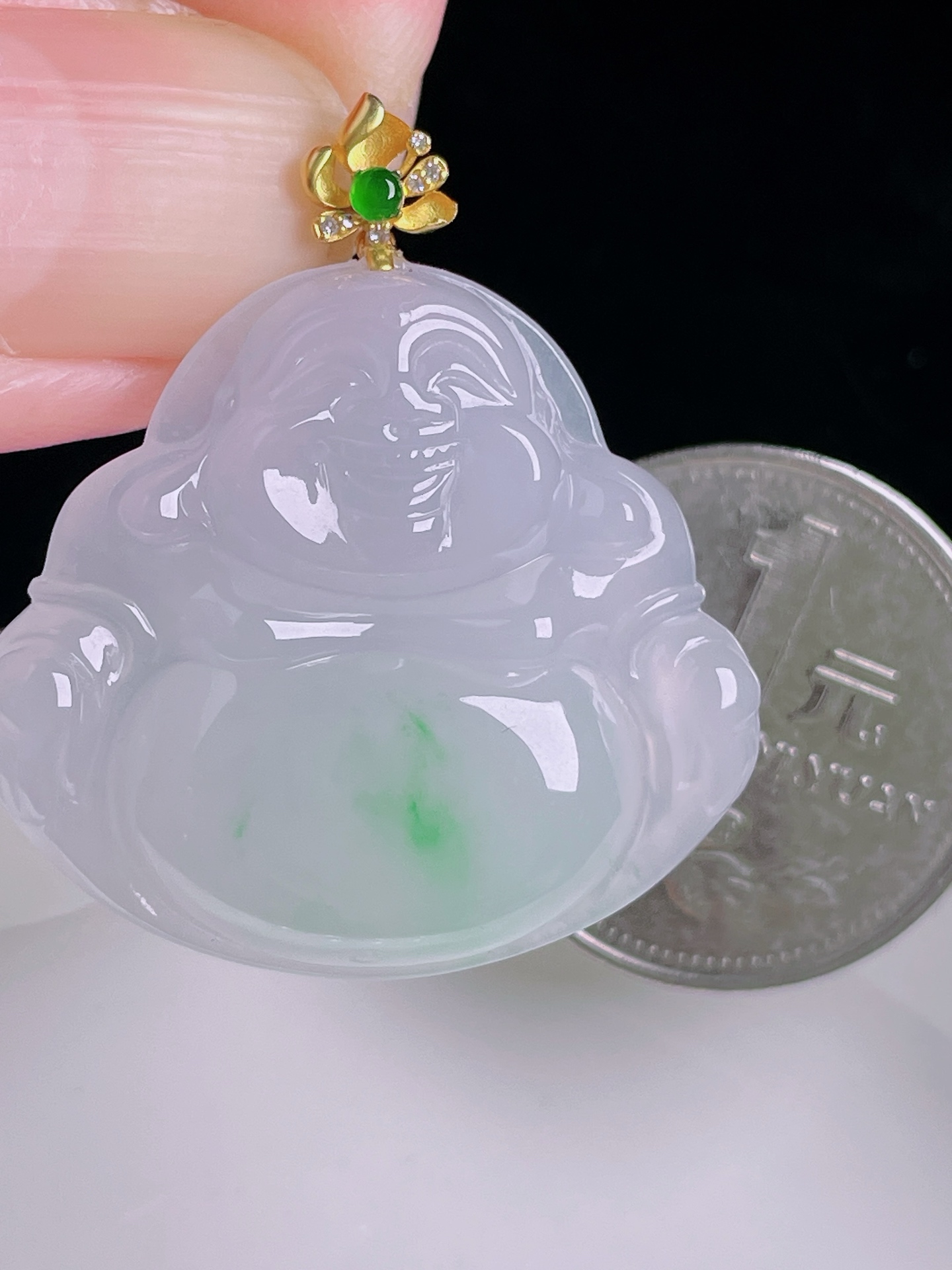 ️飘绿佛公，18k镶嵌，老种起光，细底通透，尺寸：34.6裸石28/31.3/5.6mm0926