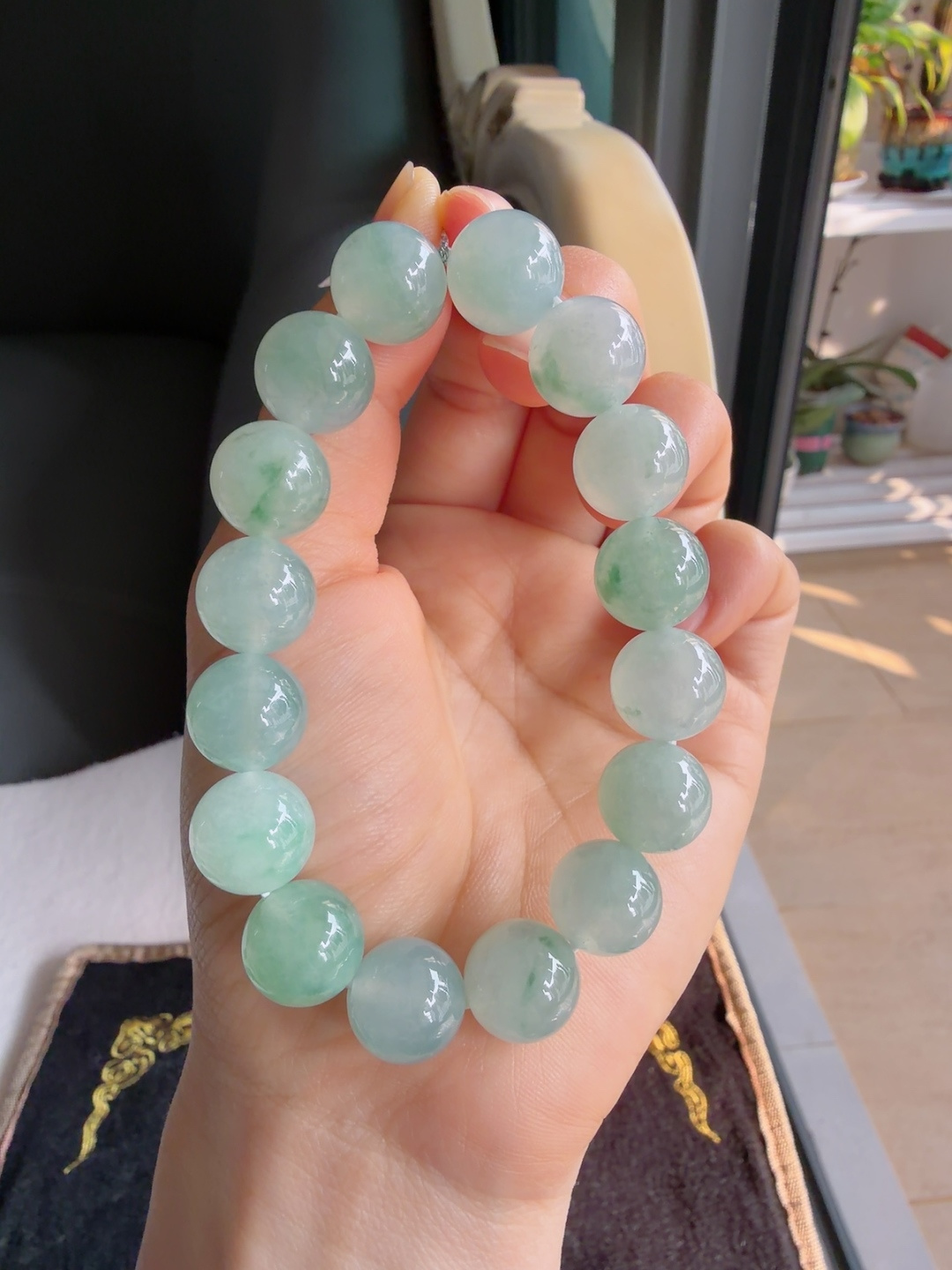 缅甸天然翡翠A货，冰飘花手链，尺寸：12.3mm。【编3896】