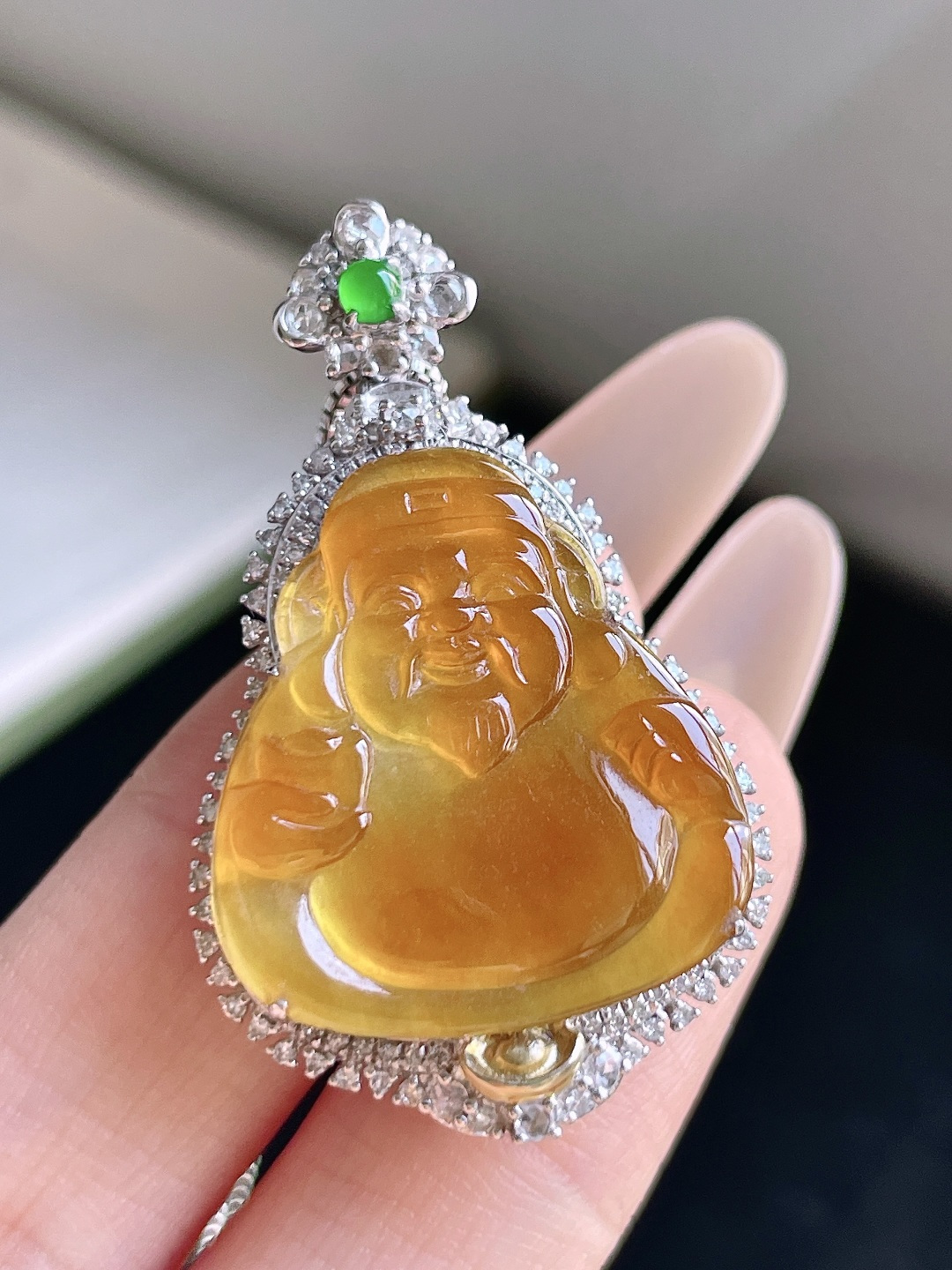 ️ 冰种蜜糖黄财神 缅甸 无裂 色泽艳丽 18k金镶嵌 整体 39.9 裸石 24.6/21.4