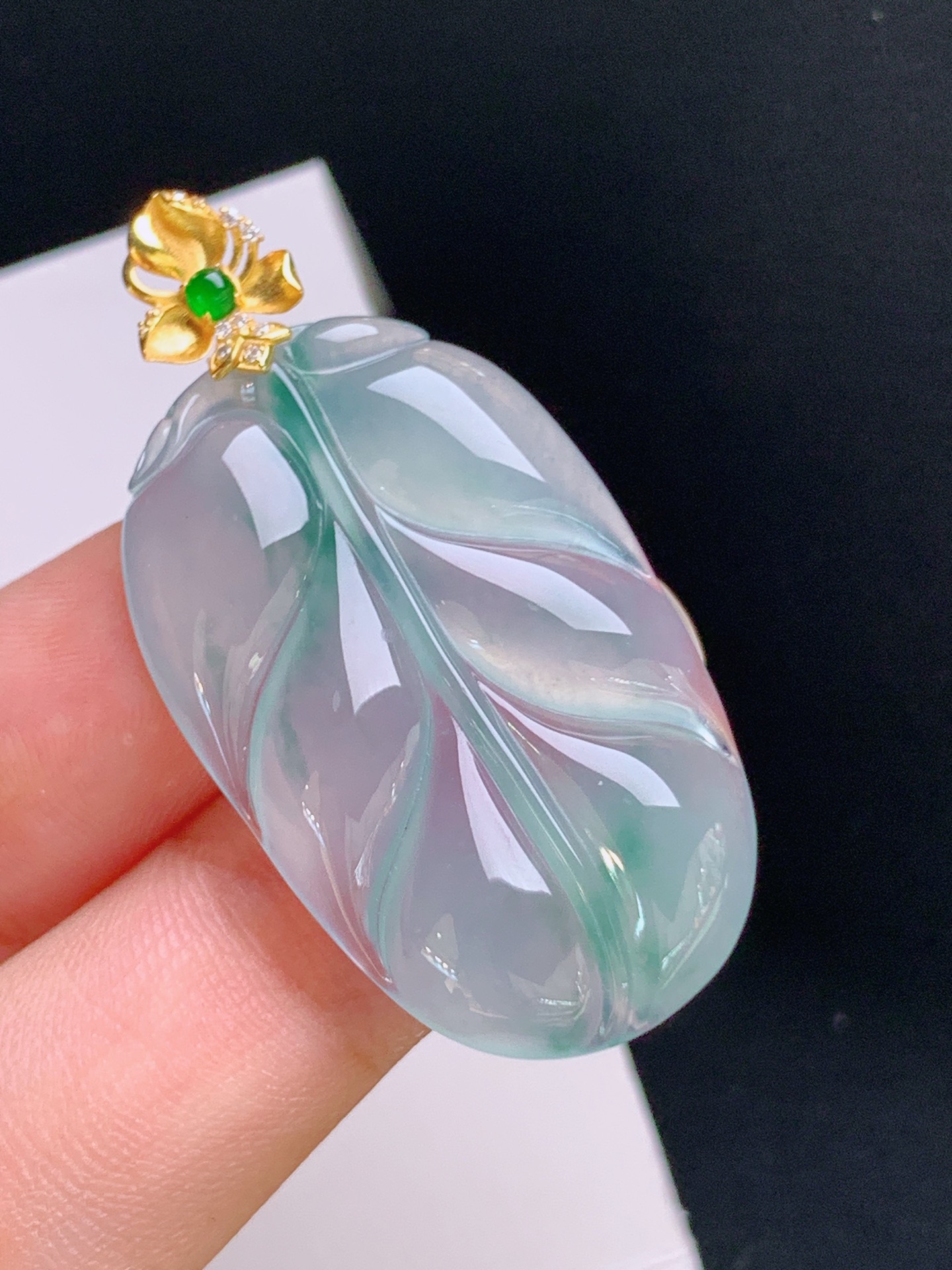 ️ 冰种飘花树叶吊坠，18K金镶，种水通透，飘色灵动 裸石34.1-21.9-4.6 整体42.5 530923