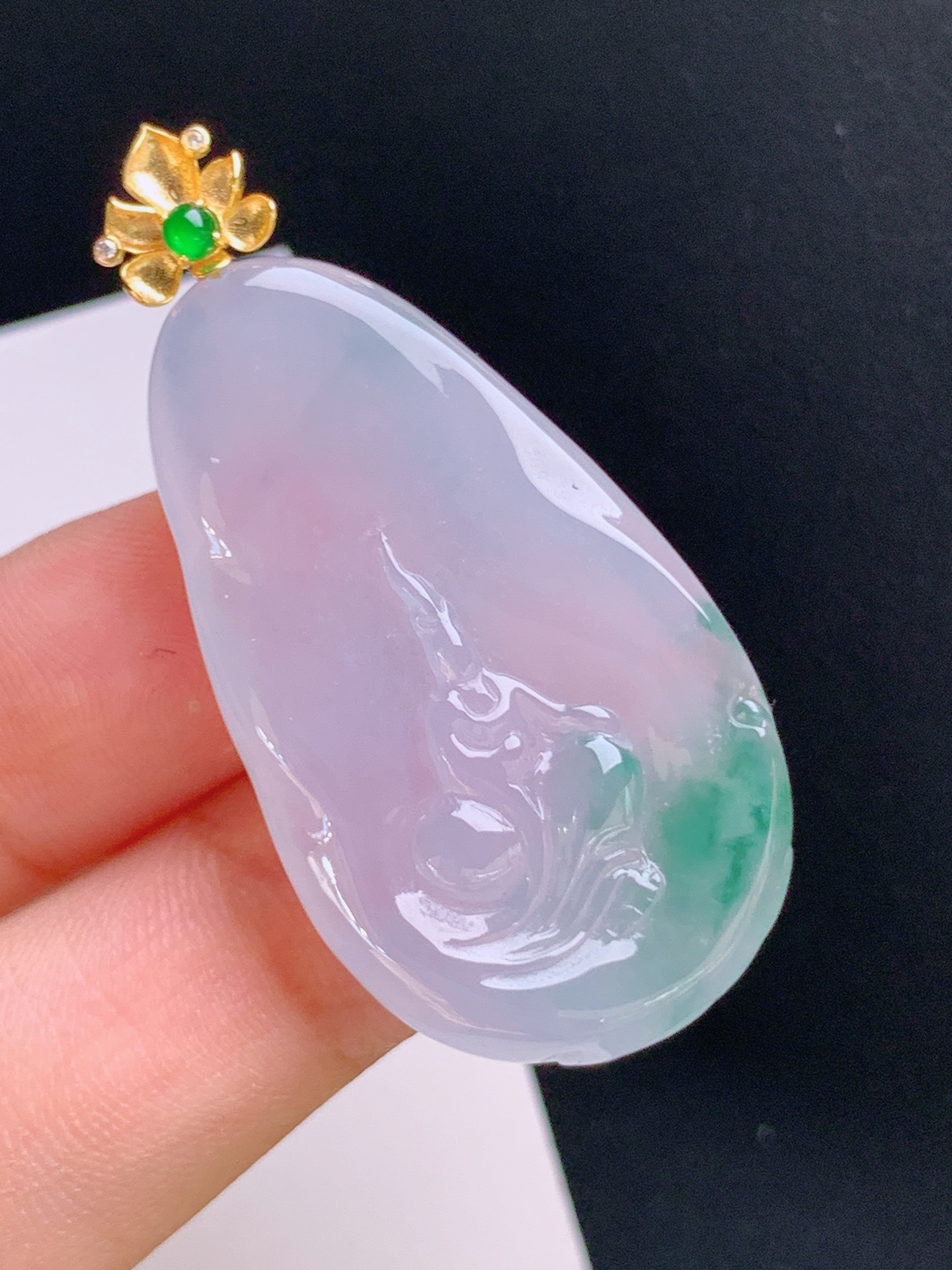 ️ 冰飘花悟道吊坠，18K金镶嵌，冰润春彩，玉质莹透 裸石37.6-21.9-6.1 整体44.9