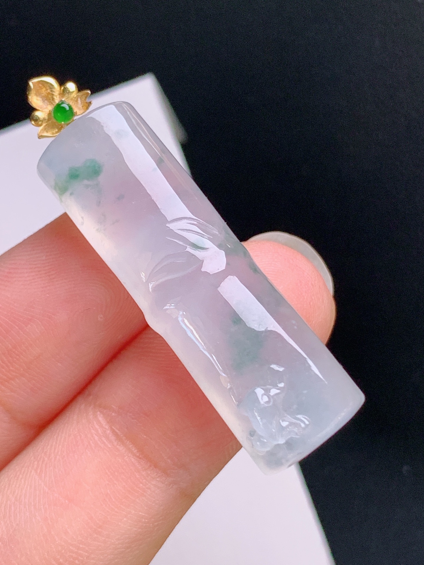 ️ 冰种飘花竹节吊坠，18K金镶绿宝，冰润通透，飘花灵动，裸石35.3-10.9-840.9，530923