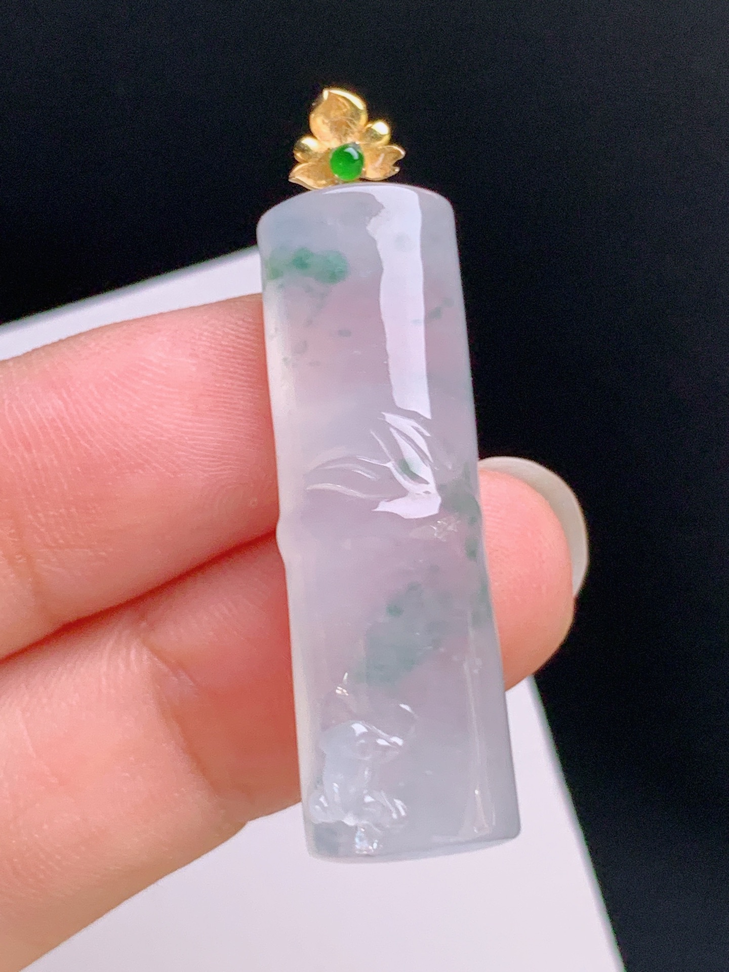 ️ 冰种飘花竹节吊坠，18K金镶绿宝，冰润通透，飘花灵动，裸石35.3-10.9-840.9，53