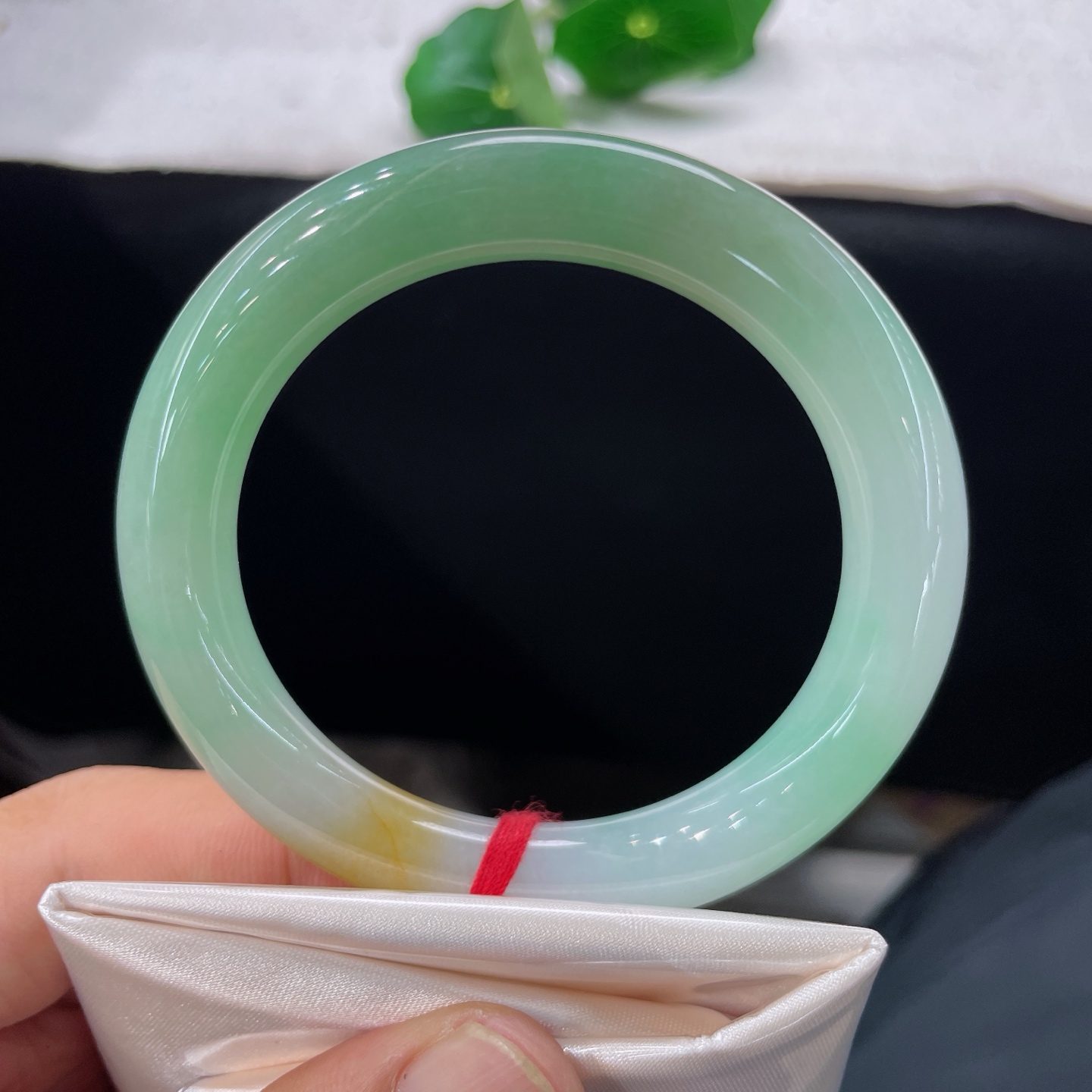 天然翡翠手镯 圈口54.2/10，黄加绿三彩圆条，证书55/56可戴，一侧暖黄，一侧翠俏，白为底衬，