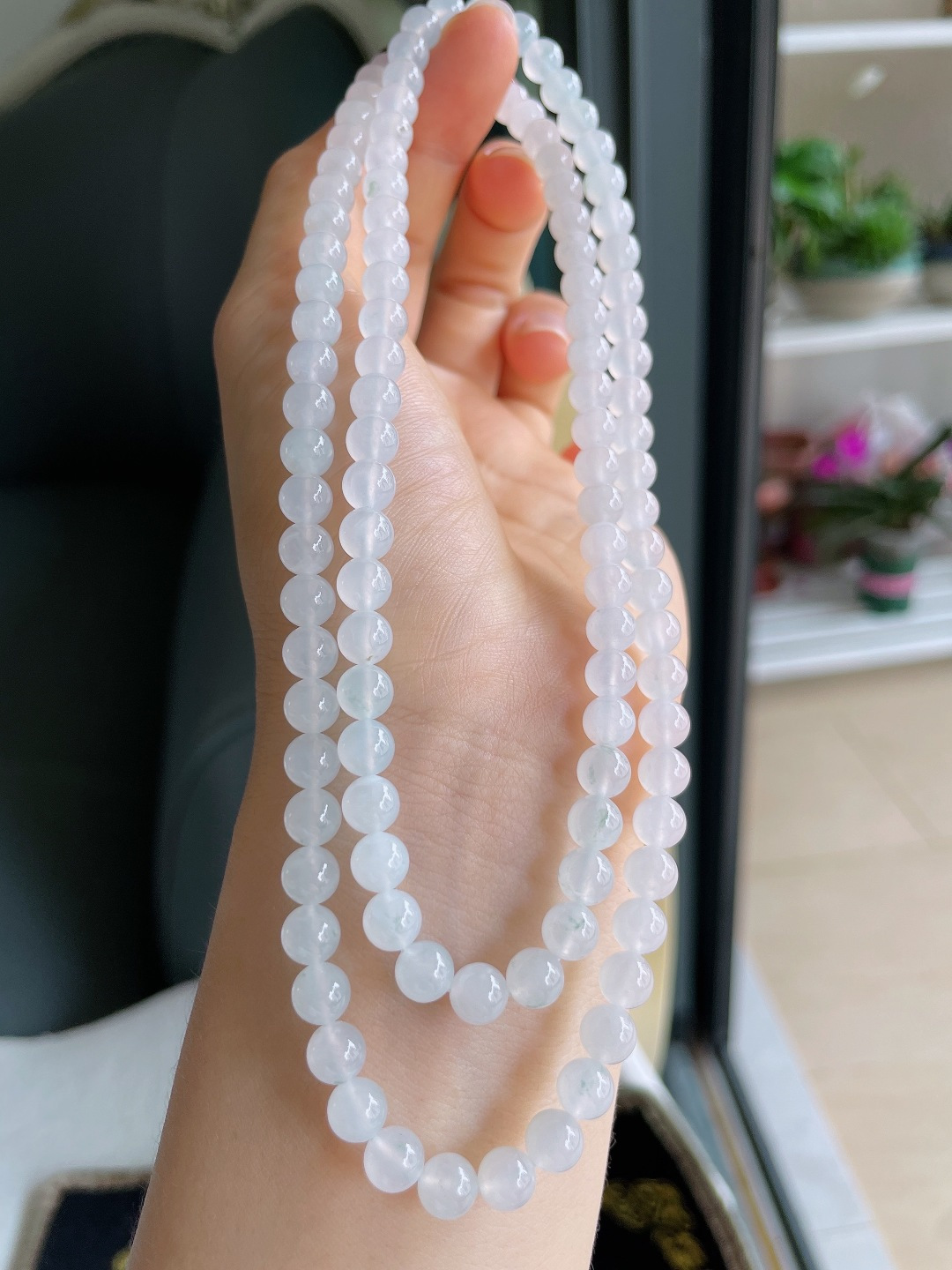 缅甸天然翡翠A货，冰种白冰项链，尺寸：6mm108颗。【编3277】