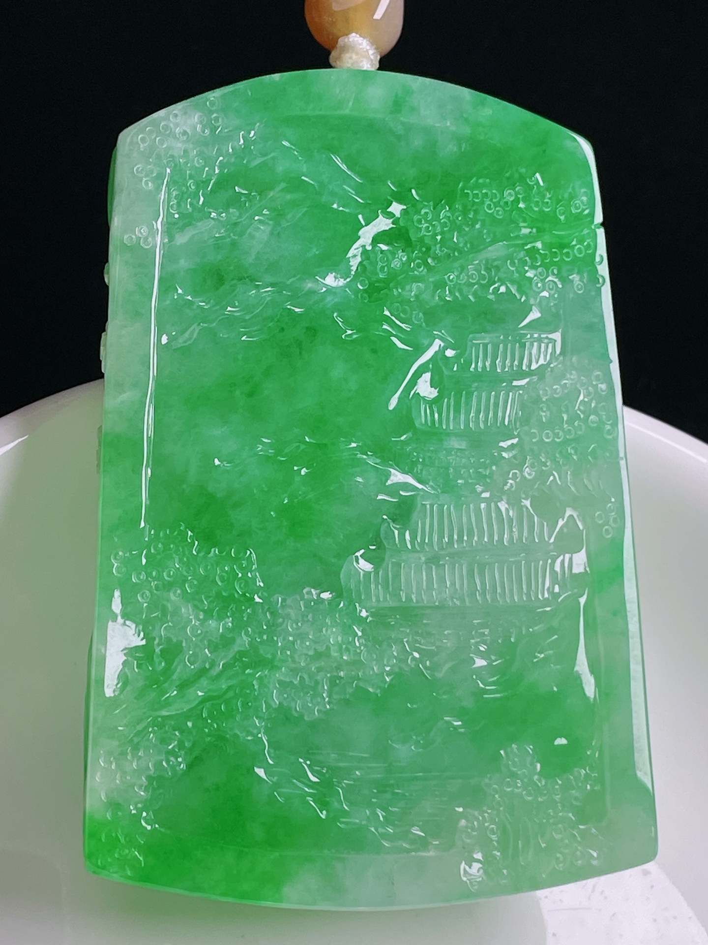 ️辣绿山水牌，老种起光，细底通透，尺寸：59/39.7/11mm0927
