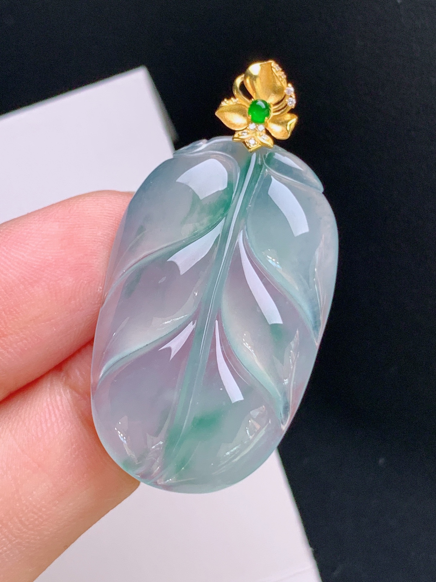️ 冰种飘花树叶吊坠，18K金镶，种水通透，飘色灵动 裸石34.1-21.9-4.6 整体42.5 530923