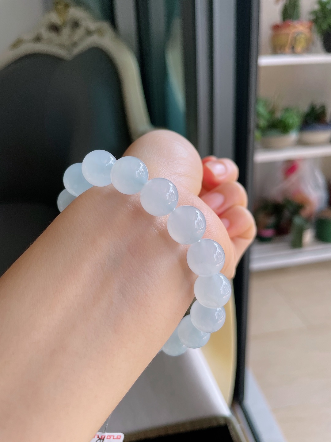 缅甸天然翡翠A货，冰种白冰手串，尺寸：11.8mm。【编4727】