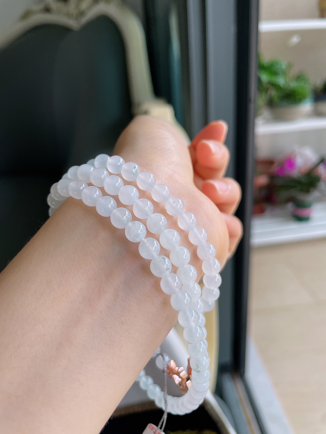 缅甸天然翡翠A货，冰种白冰项链，尺寸：6mm108颗。【编3277】