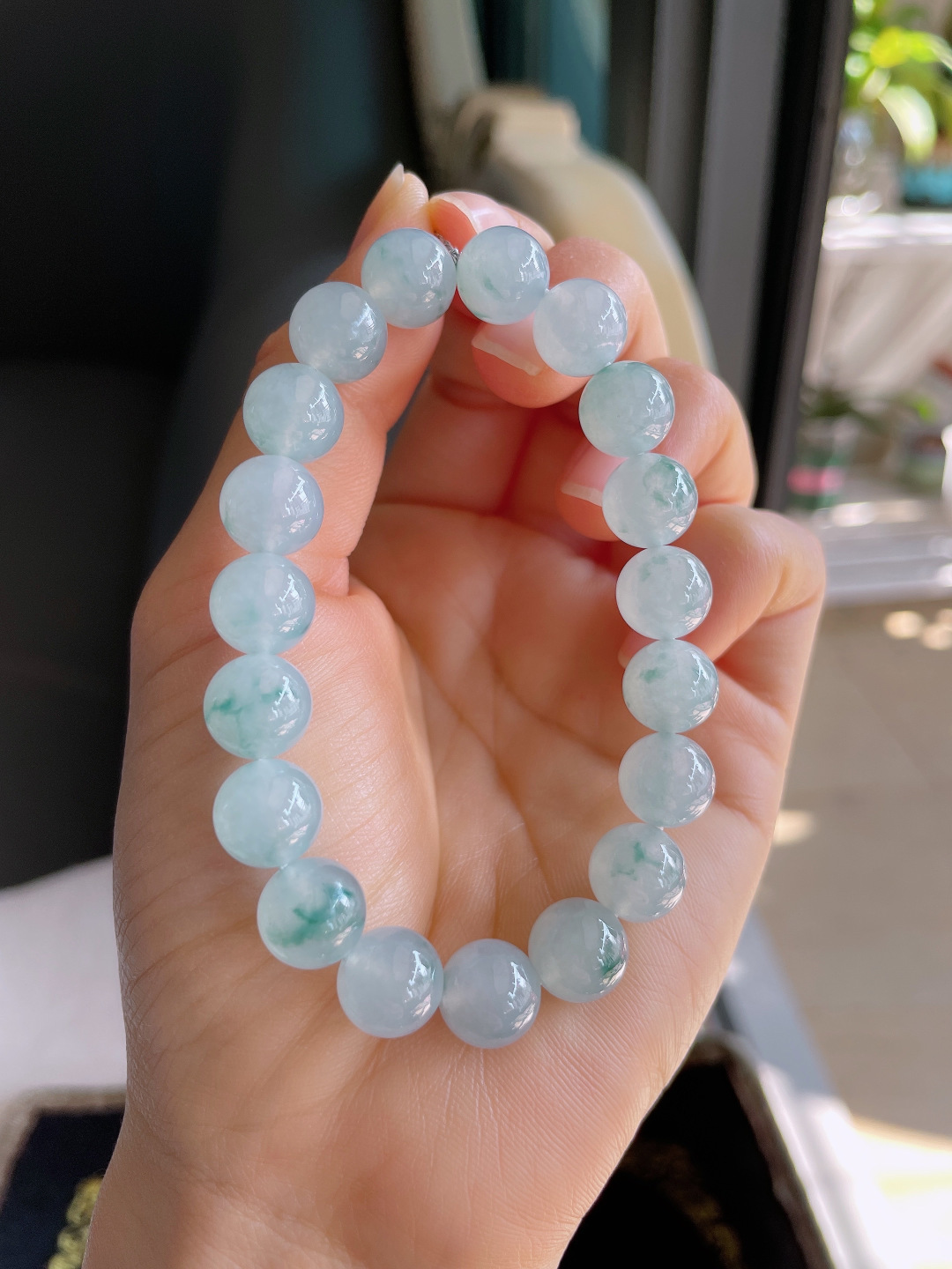 缅甸天然翡翠A货，冰飘花手链，尺寸：10mm。【编3195】