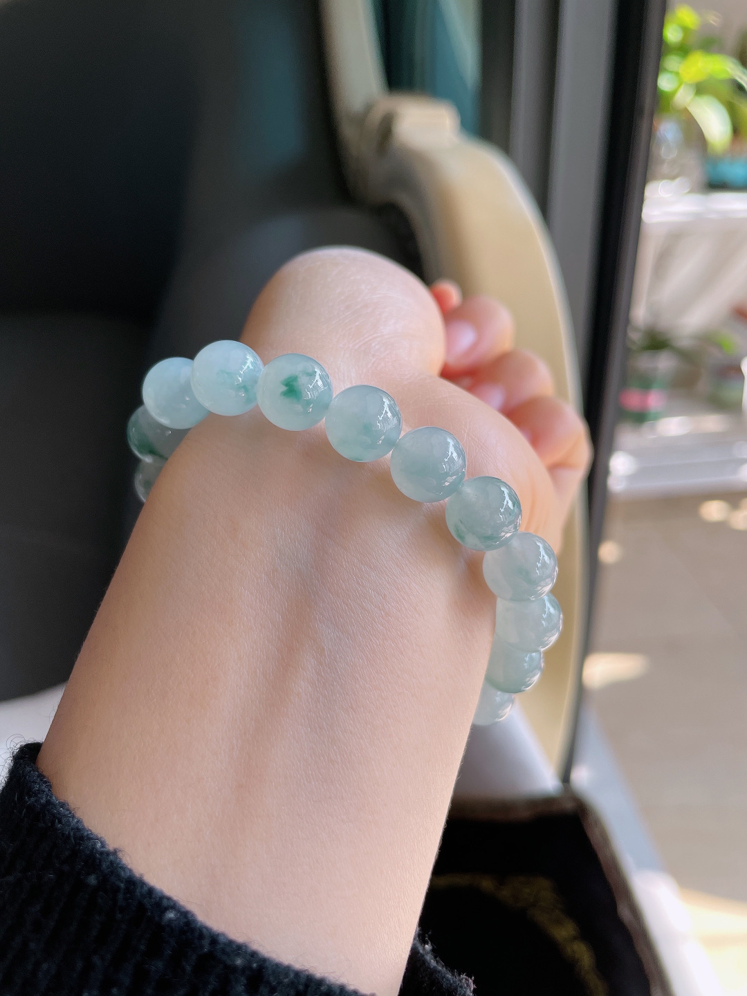 缅甸天然翡翠A货，冰飘花手链，尺寸：10mm。【编3195】
