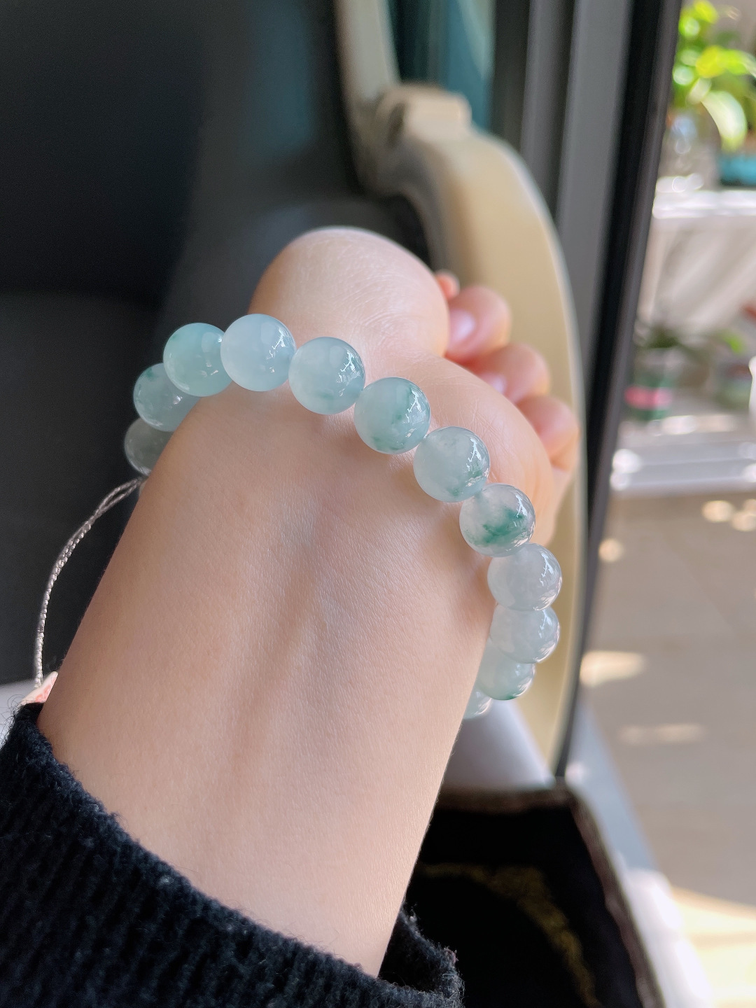 缅甸天然翡翠A货，冰飘花手链，尺寸：10mm。【编3195】