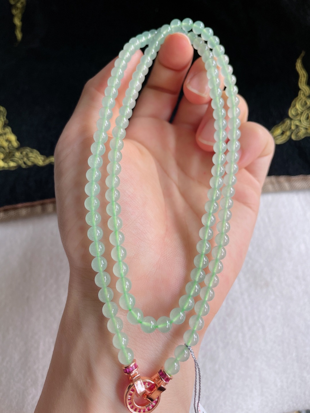 缅甸天然翡翠A货，冰种冰晴底项链，尺寸：5mm118颗。【编3278】
