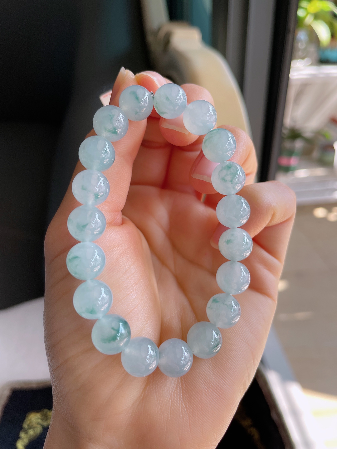 缅甸天然翡翠A货，冰飘花手链，尺寸：10mm。【编3195】