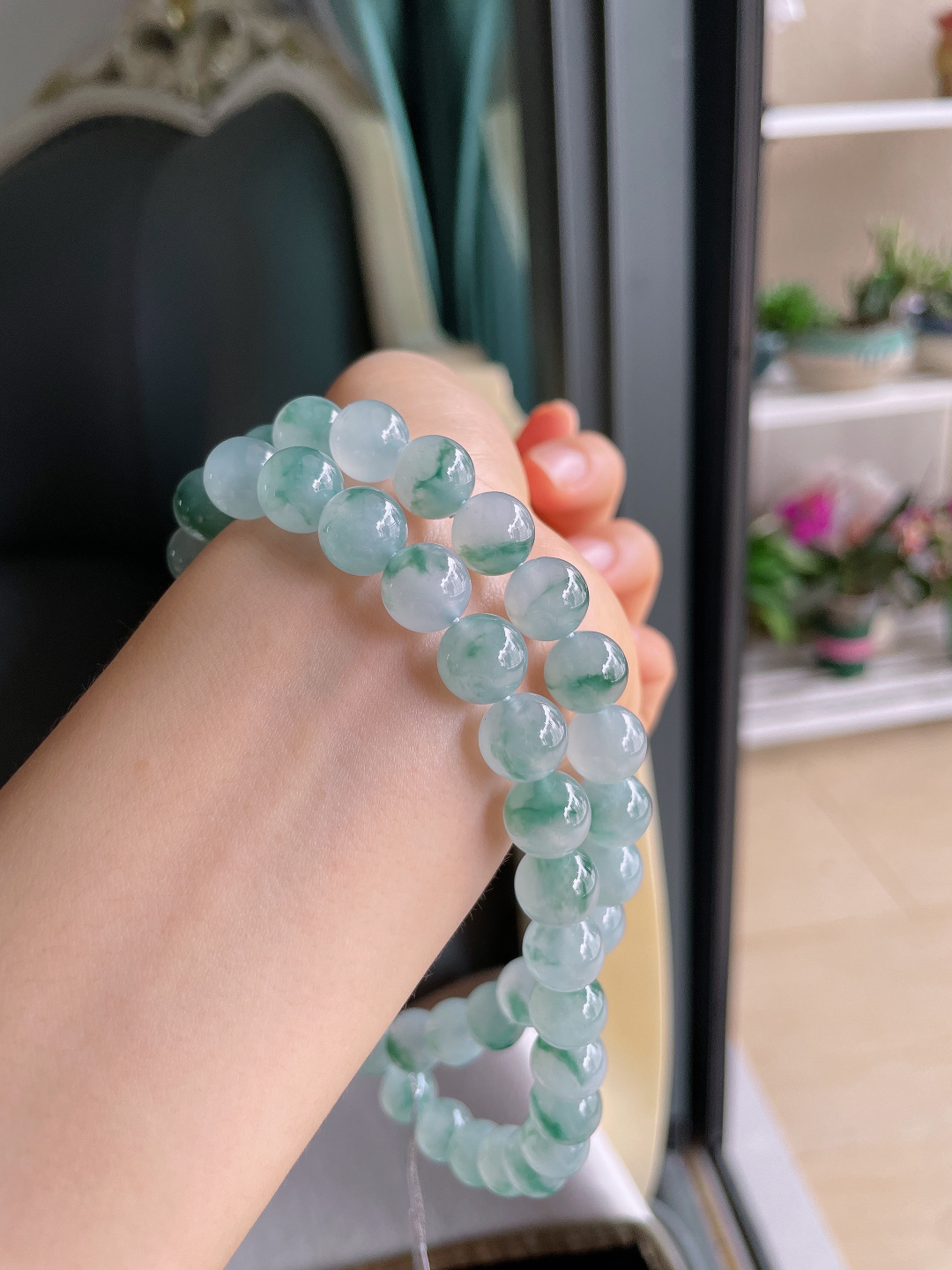 缅甸天然翡翠A货，冰飘花项链，尺寸：10mm56颗。【编4188】