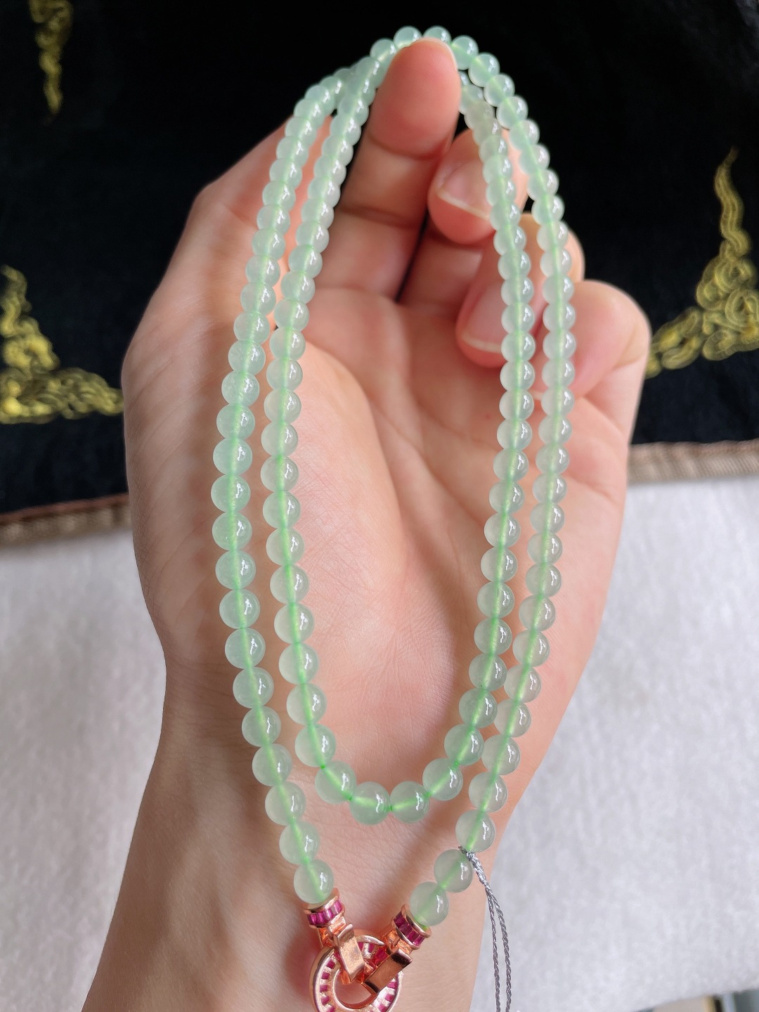 缅甸天然翡翠A货，冰种冰晴底项链，尺寸：5mm118颗。【编3278】