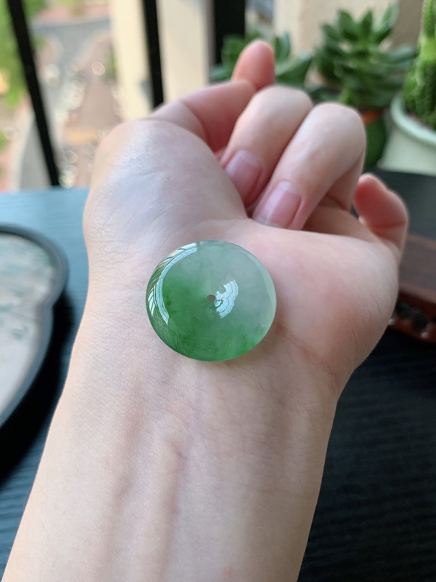 老坑冰种胶感飘绿花平安扣吊坠 裸石尺寸:23.8-5.4mm