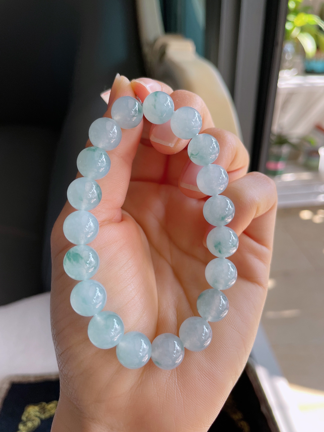 缅甸天然翡翠A货，冰飘花手链，尺寸：10mm。【编3195】