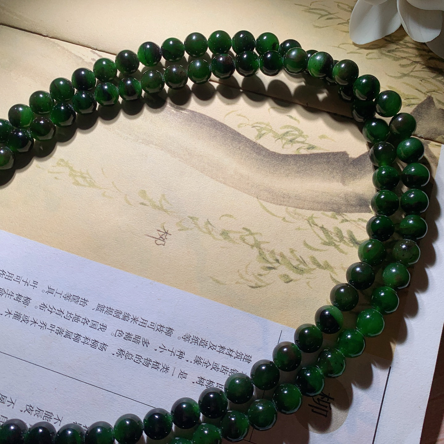 和田玉红皮料阳绿绿俄罗斯碧玉108佛珠项链 单颗尺寸8重88克 玉质细腻油润 底色纯净 脂粉好，品质好。lt260928