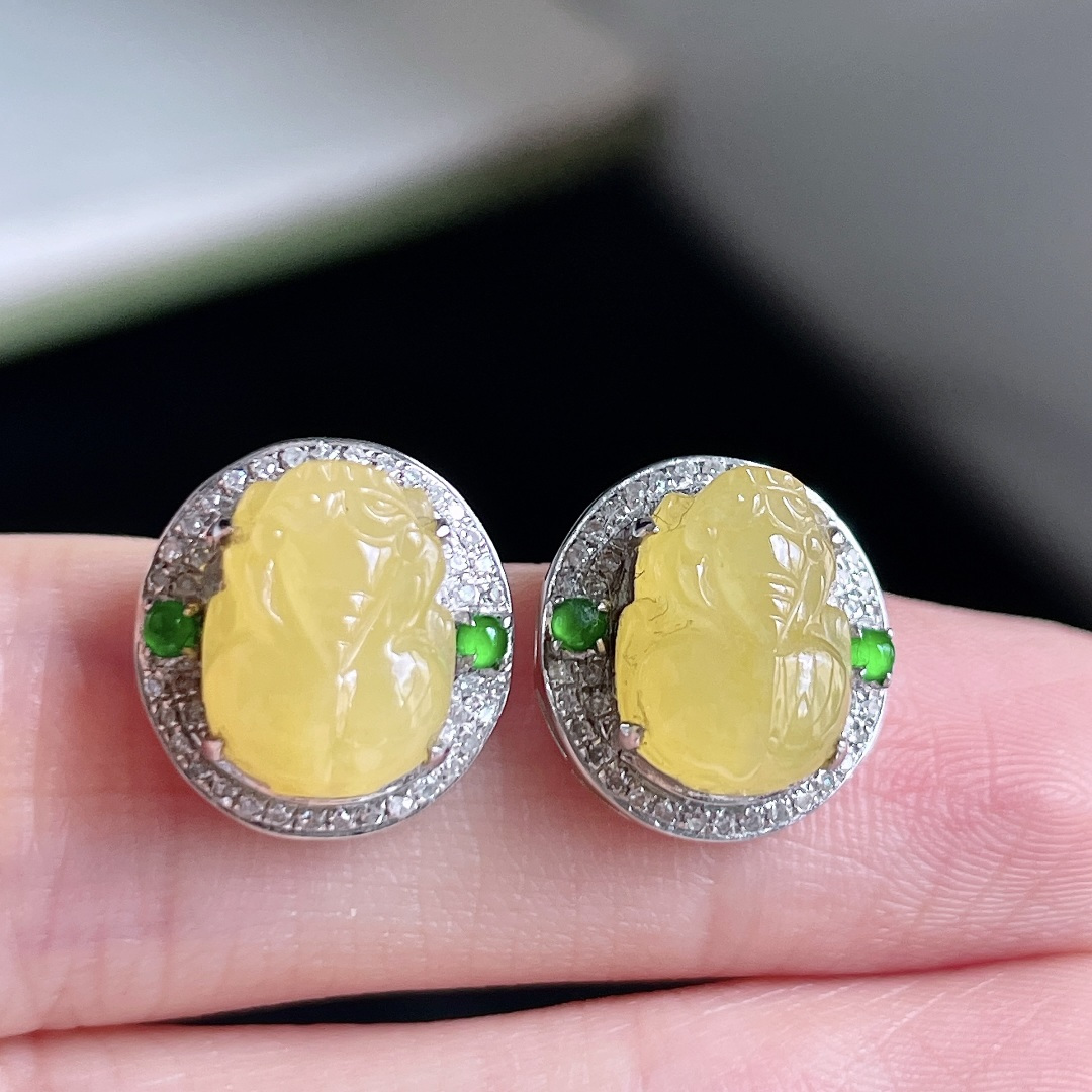 ️ 冰黄翡貔貅耳钉 缅甸 无裂 色泽鲜艳 18k金镶嵌 裸石 10.4/8