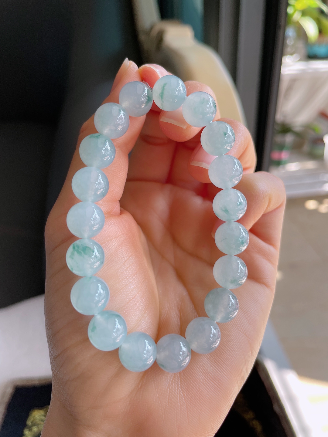 缅甸天然翡翠A货，冰飘花手链，尺寸：10mm。【编3195】