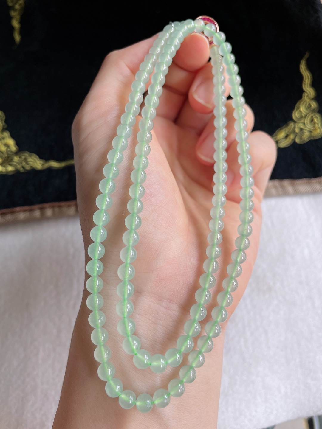 缅甸天然翡翠A货，冰种冰晴底项链，尺寸：5mm118颗。【编3278】
