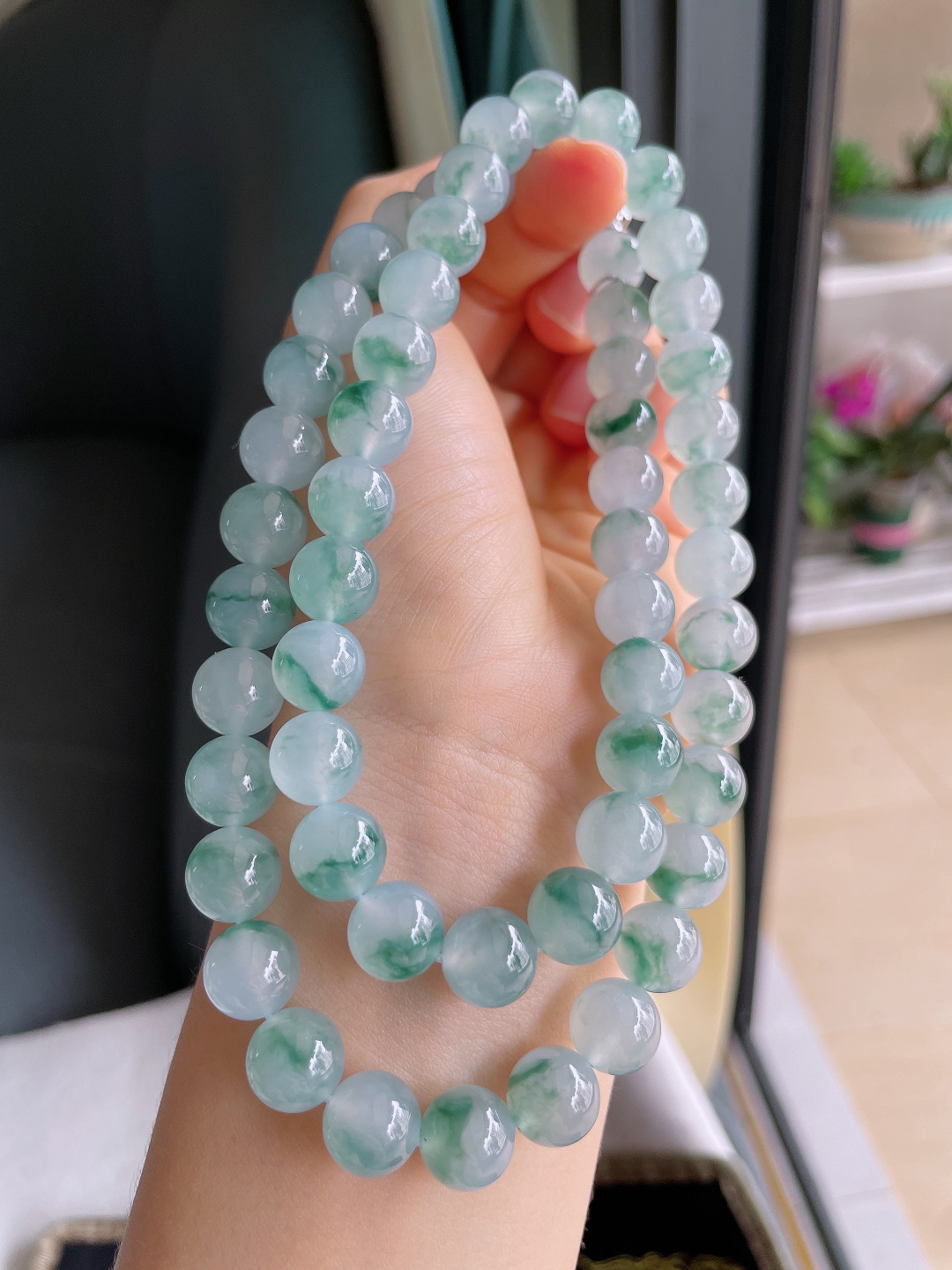 缅甸天然翡翠A货，冰飘花项链，尺寸：10mm56颗。【编4188】