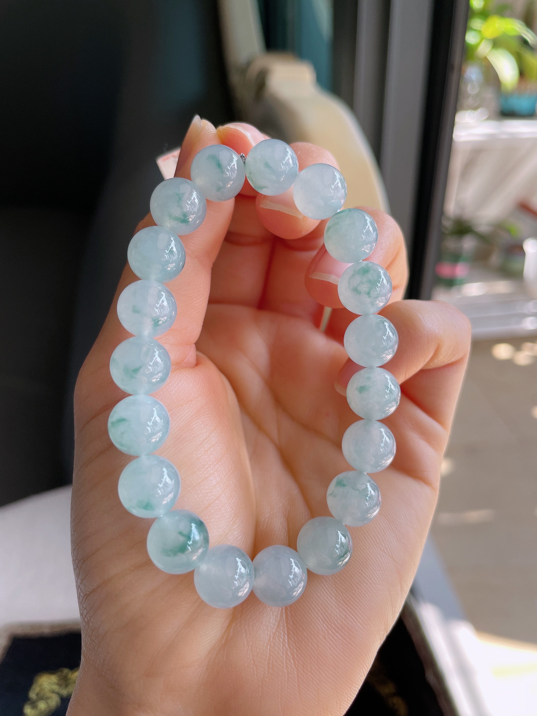 缅甸天然翡翠A货，冰飘花手链，尺寸：10mm。【编3195】