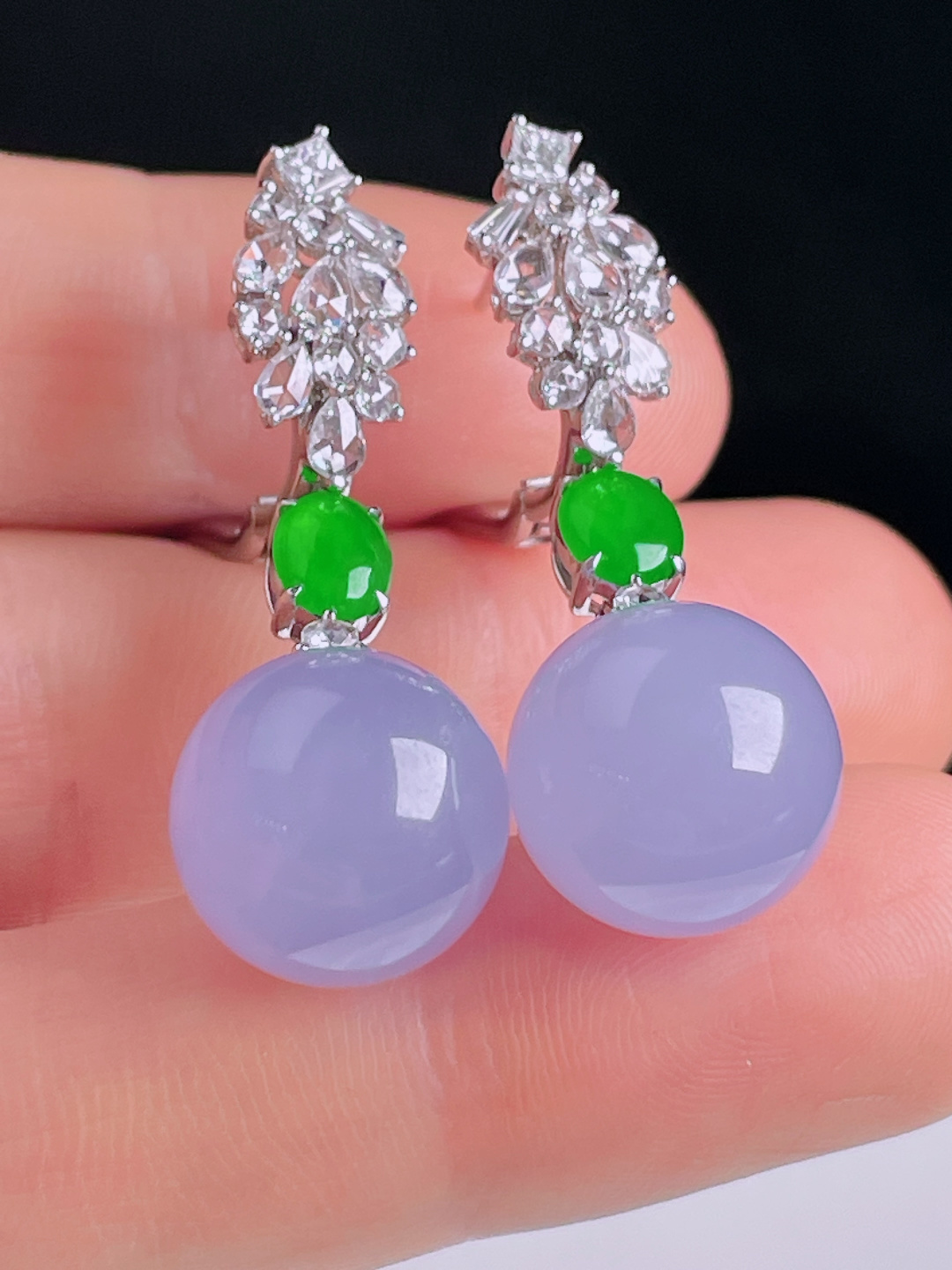冰紫耳坠，18k镶嵌，老种起光，细底通透，尺寸：裸石12.8mm0915