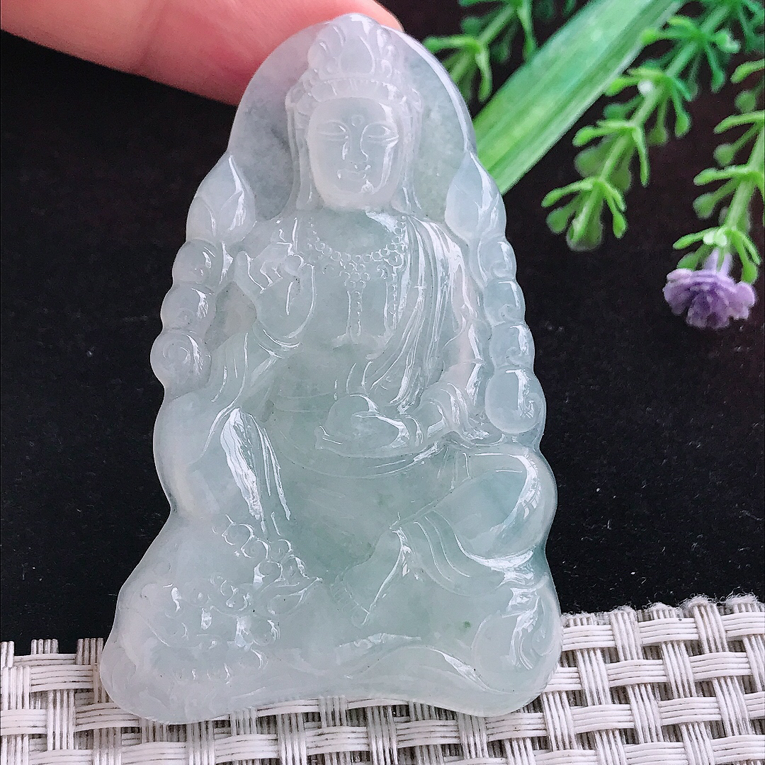 实拍A货翡翠65.5/42.8/6.3老坑冰种起胶冰晴文殊菩萨吊坠翡翠挂件