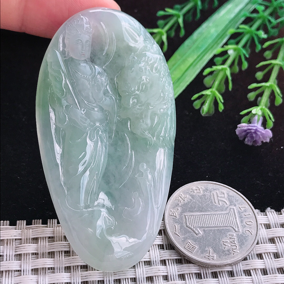 实拍A货翡翠66.6/37/5.5老坑冰胶水灵晴底文殊菩萨吊坠翡翠挂件