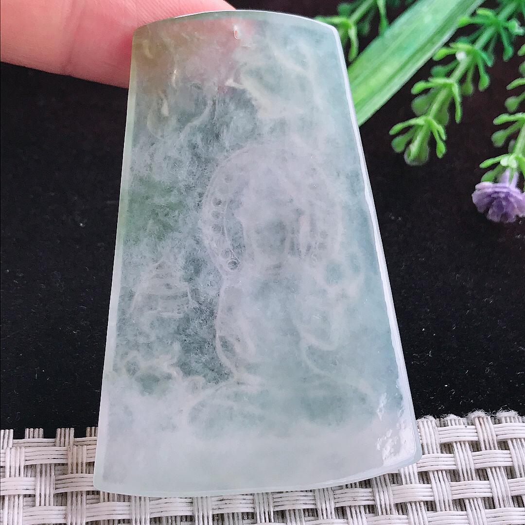 实拍A货翡翠65.6/44/5.5老坑冰种起胶赐福观音吊坠翡翠挂件