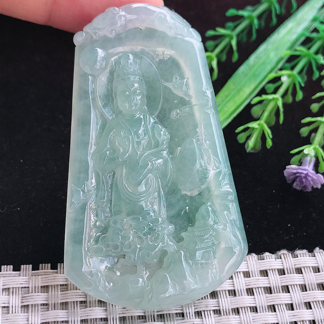 实拍A货翡翠67.5/41/6.5老坑冰透起胶冰晴绿山水观音吊坠翡翠挂件