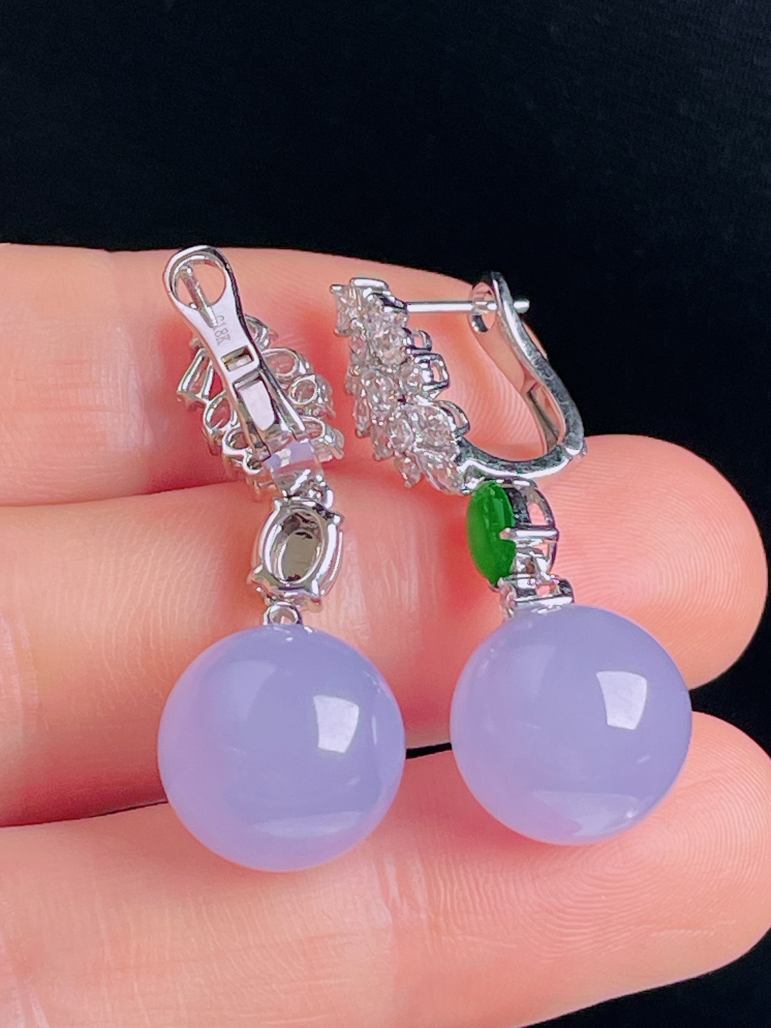 冰紫耳坠，18k镶嵌，老种起光，细底通透，尺寸：裸石12.8mm0915