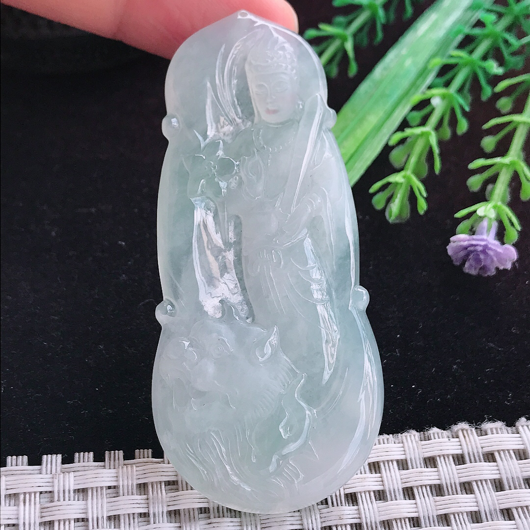 实拍A货翡翠68.8/32.2/5.6老坑冰透起胶白月光文殊菩萨吊坠翡翠挂件