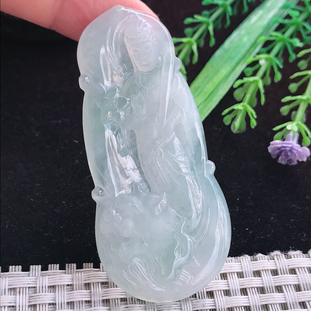 实拍A货翡翠68.8/32.2/5.6老坑冰透起胶白月光文殊菩萨吊坠翡翠挂件