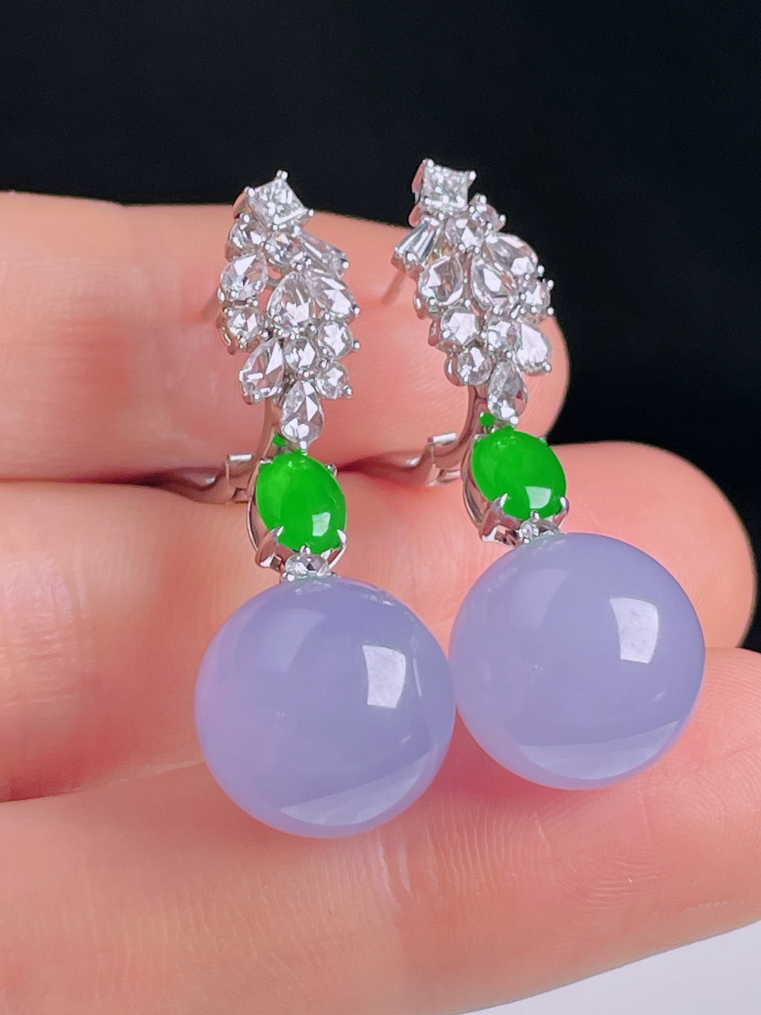 冰紫耳坠，18k镶嵌，老种起光，细底通透，尺寸：裸石12.8mm0915