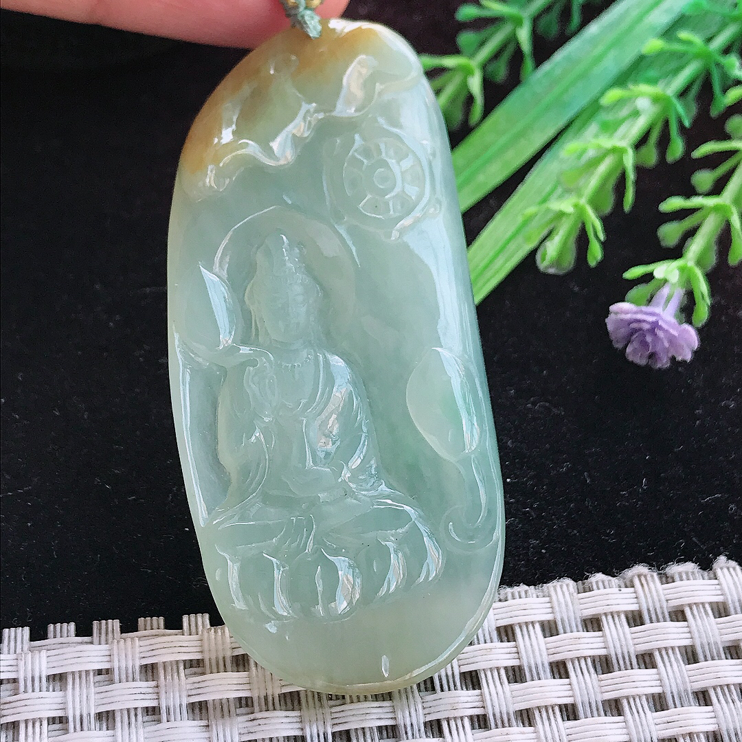 实拍A货翡翠63/30/5.6老坑冰胶晴底飘黄翡观音菩萨吊坠翡翠挂件玉牌