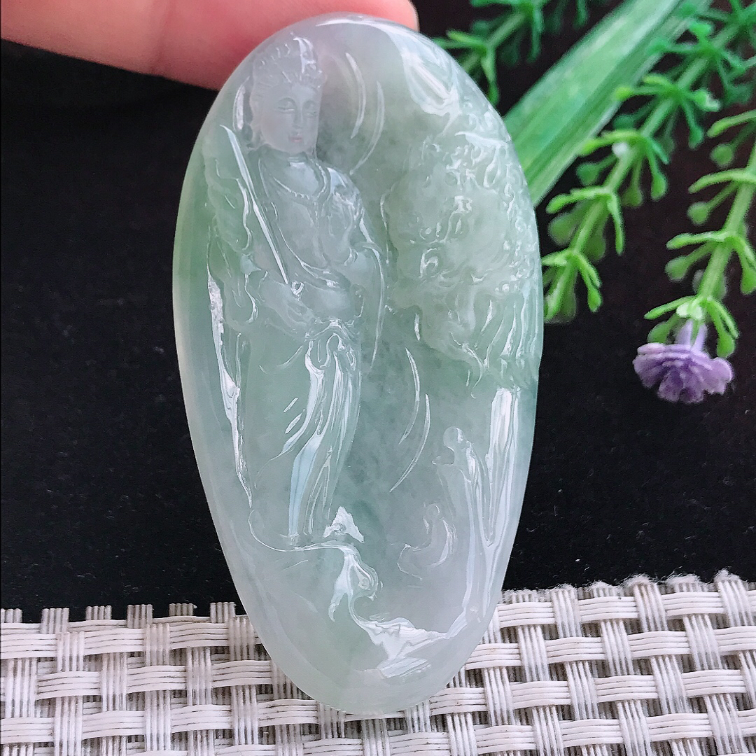 实拍A货翡翠66.6/37/5.5老坑冰胶水灵晴底文殊菩萨吊坠翡翠挂件