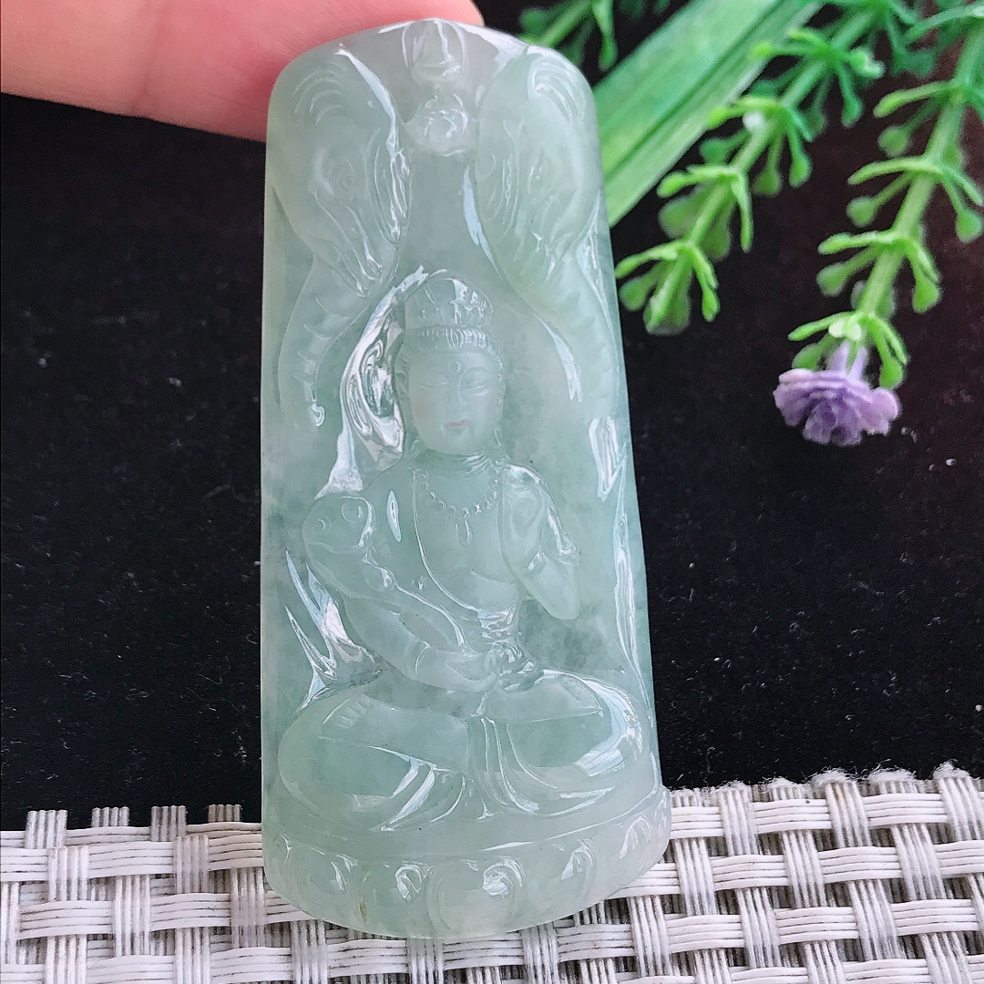 实拍A货翡翠65/29.7/5老坑冰胶冰晴普贤菩萨吊坠翡翠挂件