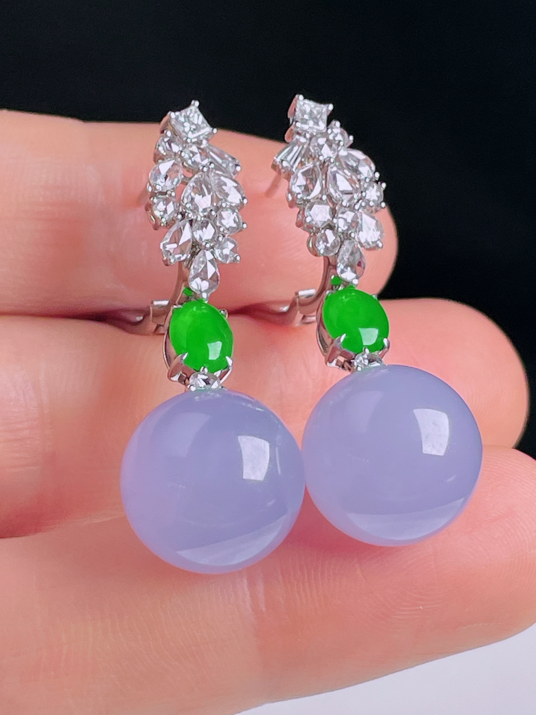 冰紫耳坠，18k镶嵌，老种起光，细底通透，尺寸：裸石12.8mm0915