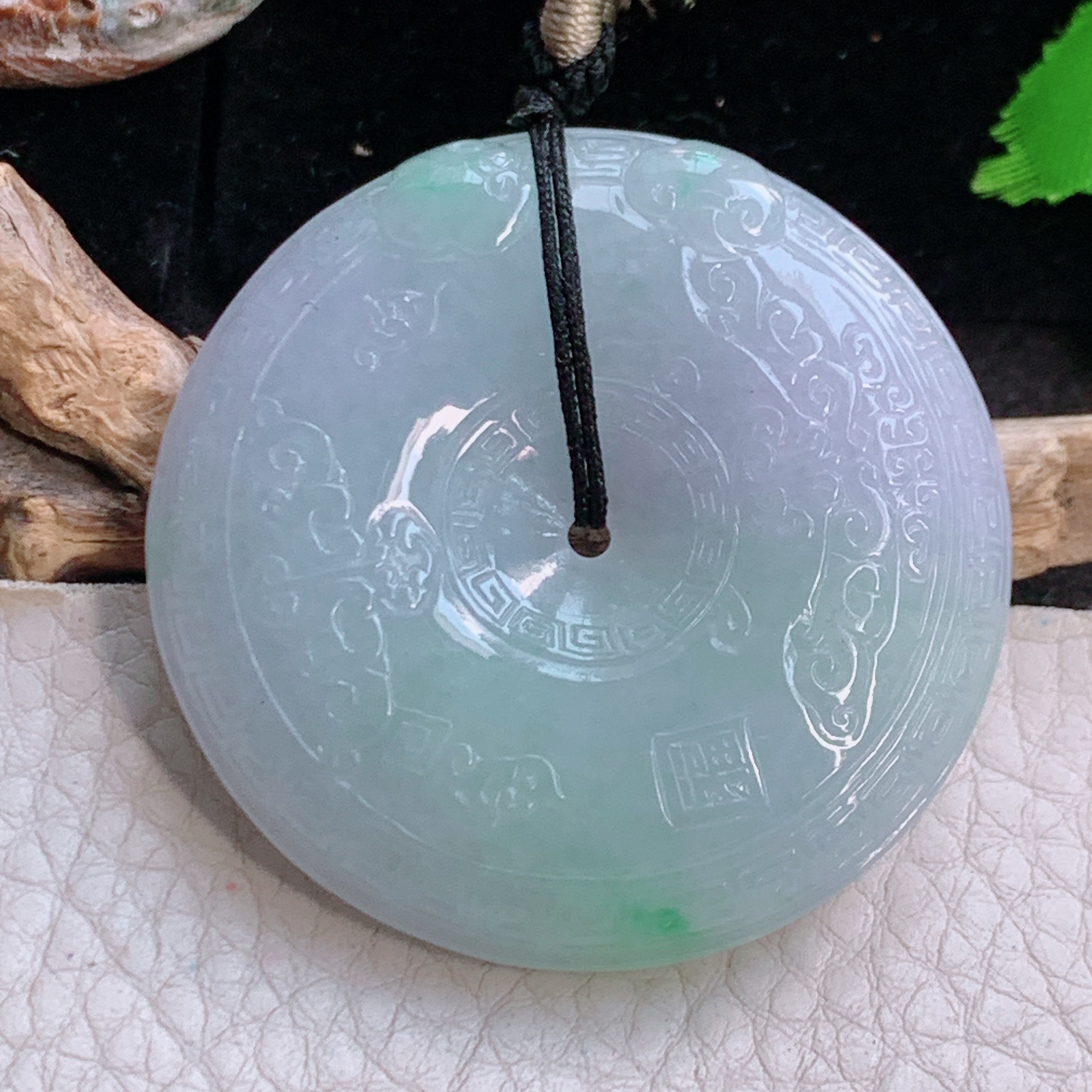 zen实拍47*10.8精雕缅甸翡翠怀古雕春带彩吉祥如意大平安扣玉吊坠 毛衣坠