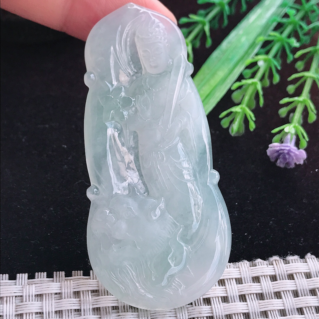 实拍A货翡翠68.8/32.2/5.6老坑冰透起胶白月光文殊菩萨吊坠翡翠挂件