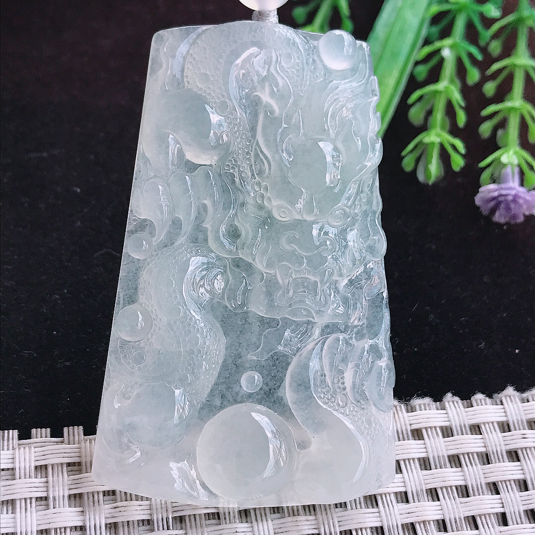 实拍A货翡翠61/38.5/5.8老坑冰透起胶冰种龙牌吊坠翡翠挂件