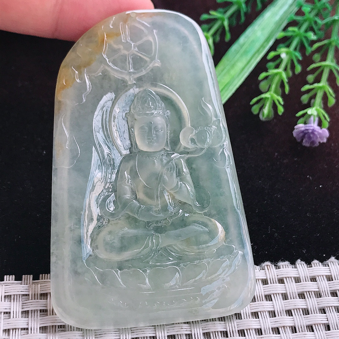 实拍A货翡翠77/4.8/5.6老坑冰种起胶冰晴大势至菩萨吊坠翡翠正装观音挂件