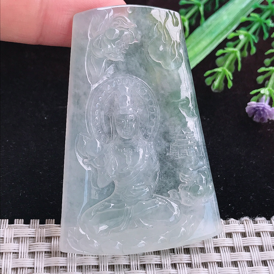 实拍A货翡翠65.6/44/5.5老坑冰种起胶赐福观音吊坠翡翠挂件