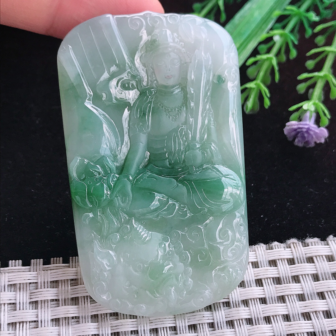 实拍A货翡翠64.8/40.6/5.5老坑冰润起胶飘花文殊菩萨吊坠翡翠挂件